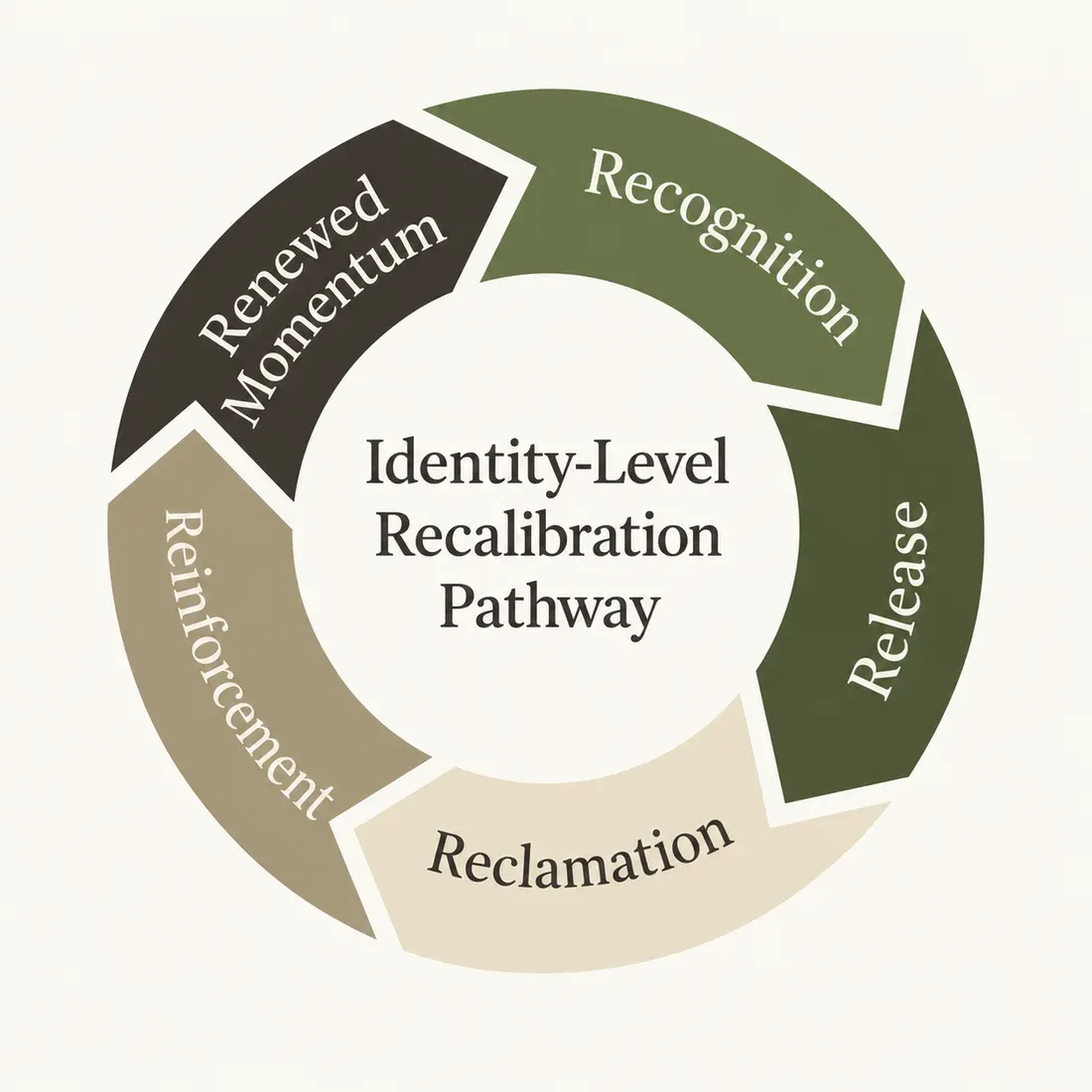 Identity-Level Recalibration pathway: Recognition, Release, Reclamation, Reinforcement, and Renewed Momentum, connected by five interlocking arrows in a circle.